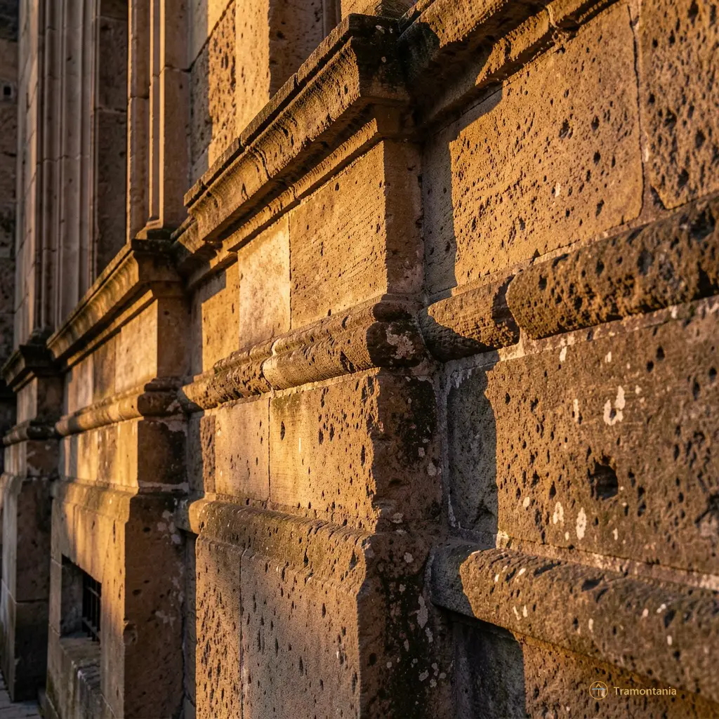 Close up of an old stone facade detail with dramatic evening lighting highlighting the texture and age of the masonry