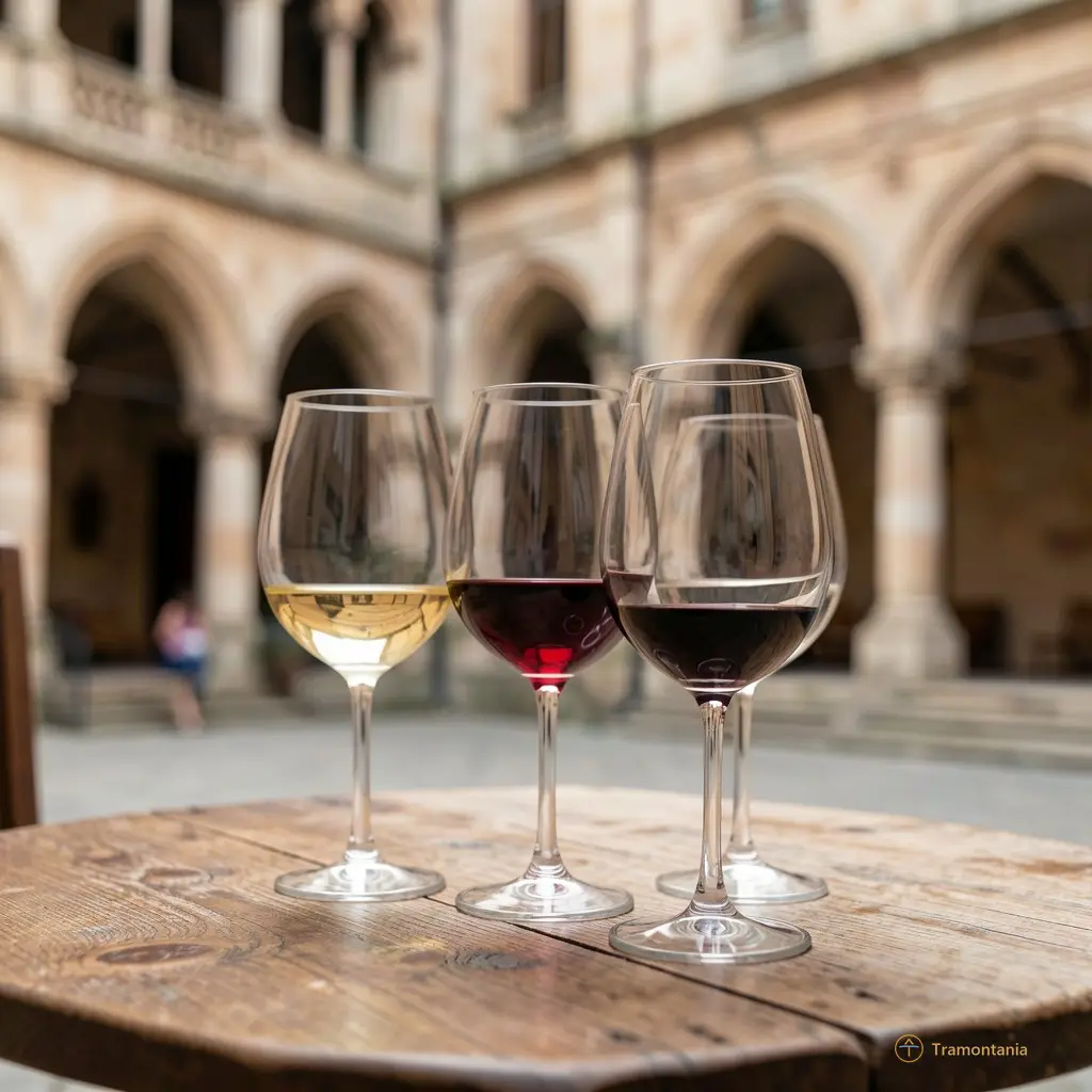 Artistic shot of wine glasses on a wooden table with blurred historic architecture in the background suggesting an intimate tasting event