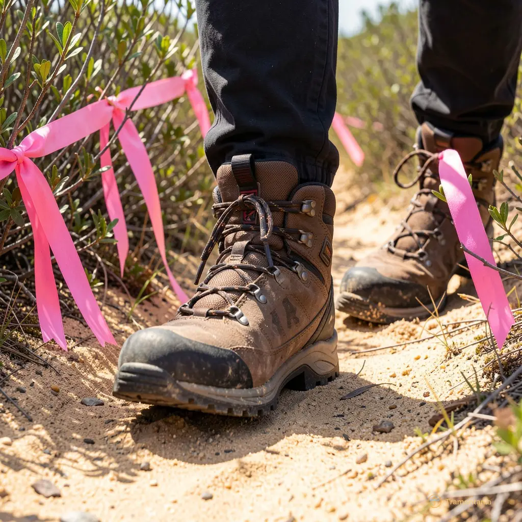 Close-up of hiking boots stepping on a sandy path with pink ribbons tied to nearby bushes