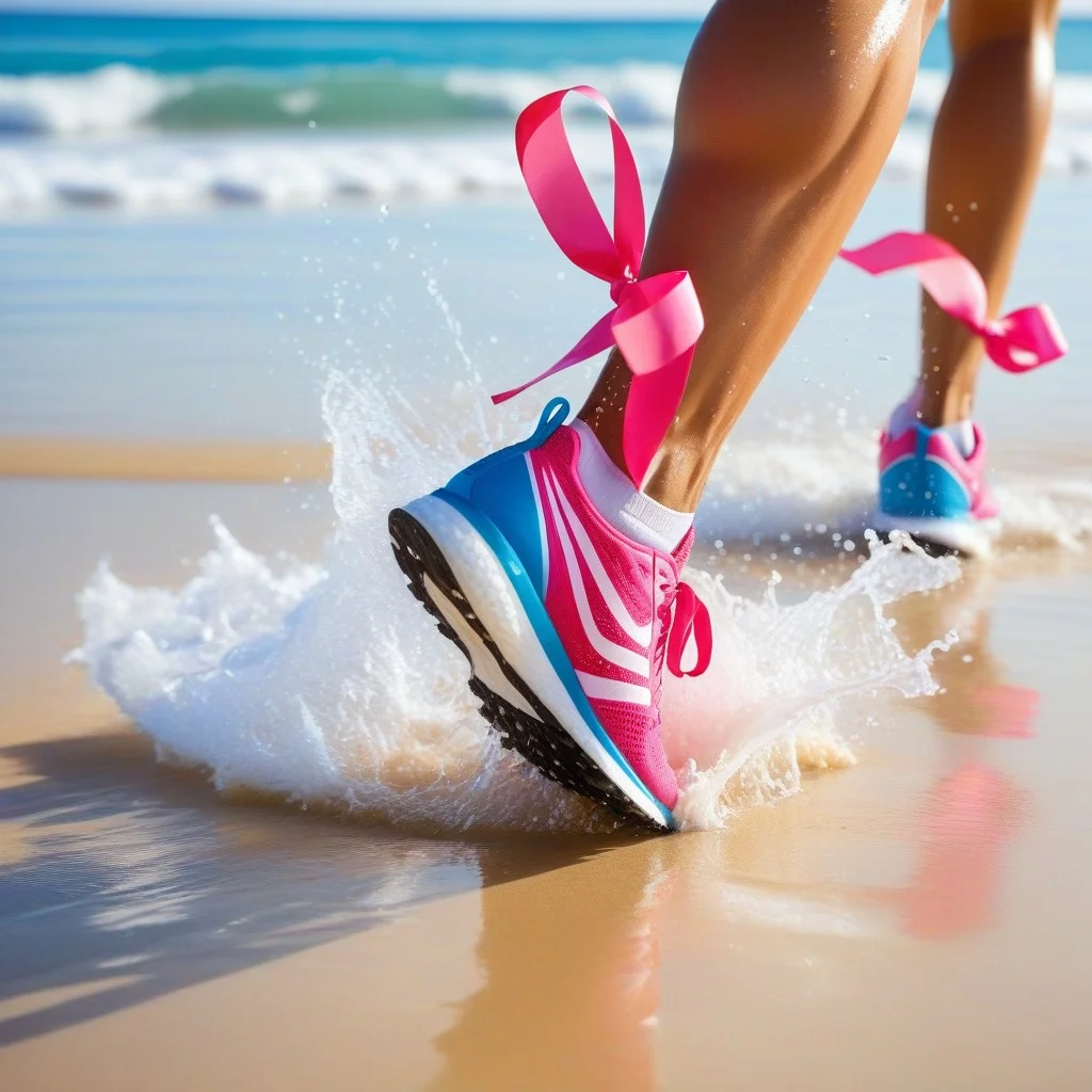 Close-up of running shoes splashing through shallow, crystal-clear seawater on a sandy beach, with pink ribbons and race bibs visible on the runners' legs, capturing the dynamic energy of the event.