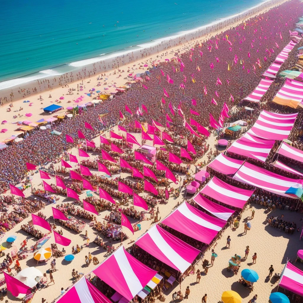 A vibrant, high-angle shot of a crowded beach festival atmosphere with pink banners and flags fluttering in the wind, showing a lively community gathering with people stretching and chatting, under bright, energetic sunlight.