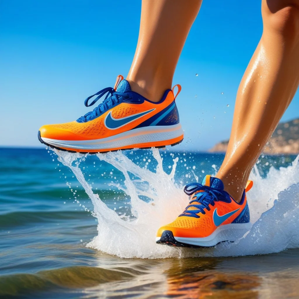 Close-up of running shoes splashing through shallow water at the edge of the Mediterranean sea, water droplets frozen in mid-air, capturing the sensation of effort and connection with nature, bright and energetic colors.