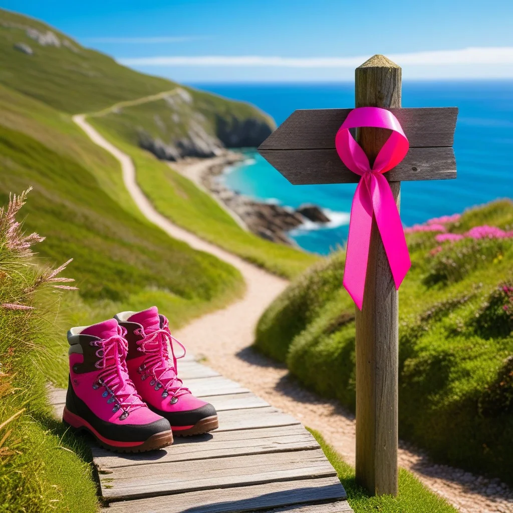 A detailed shot of a bright pink ribbon tied to a sturdy wooden signpost on a coastal path, with a pair of well-worn hiking boots in the background, symbolizing solidarity and the journey ahead, sharp focus and high contrast.