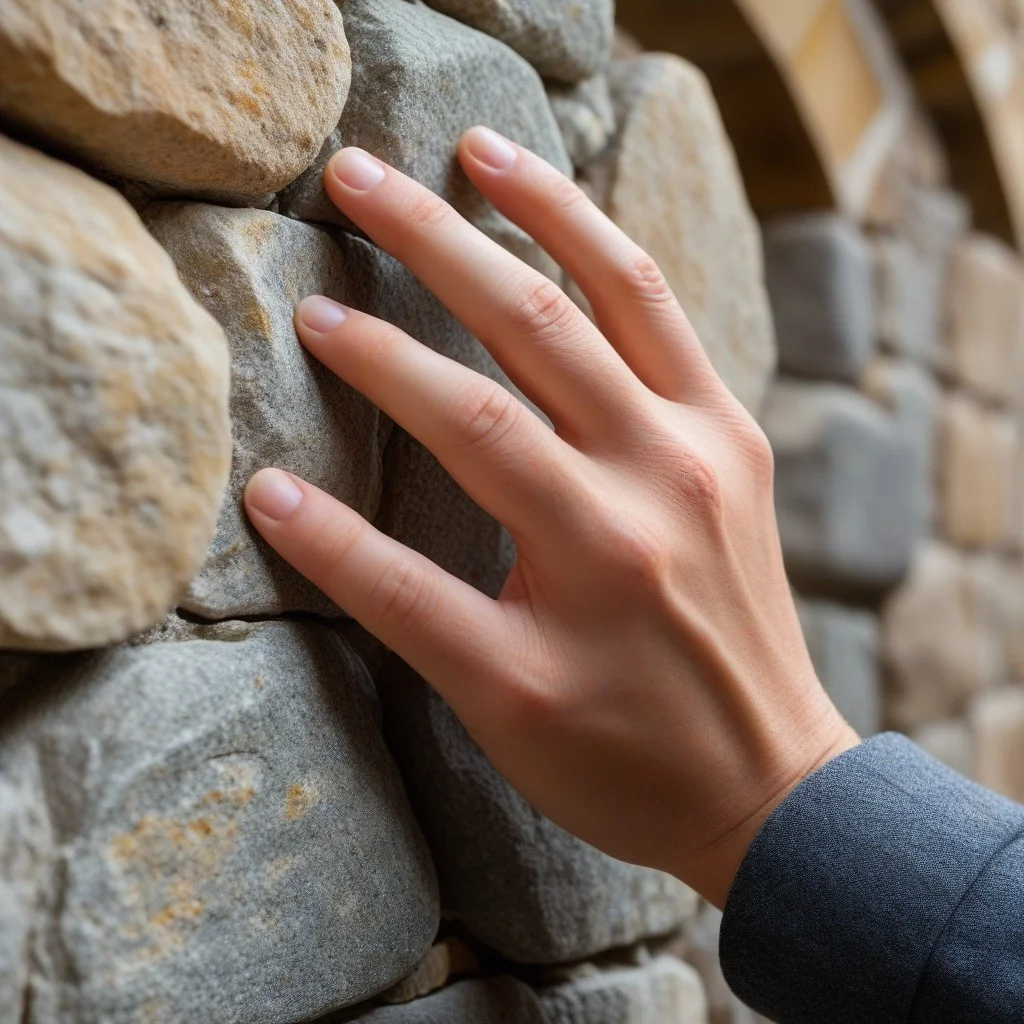 A close-up detail of a hand gently touching a rough, ancient stone wall, the skin contrasting with the cold, grey texture of the rock. In the background, softly blurred, are the outlines of old arched windows, suggesting a deep, historic interior space.