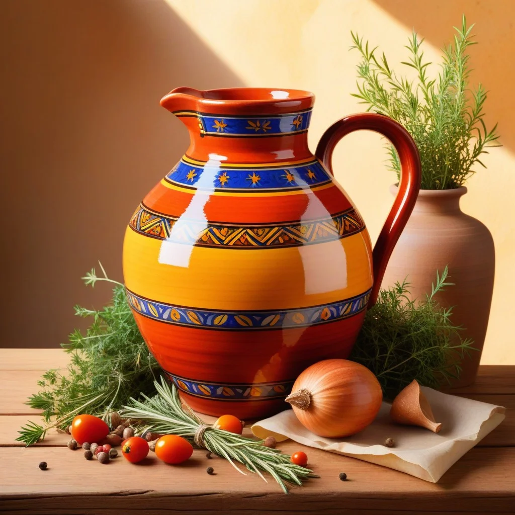 A vibrant, artistic illustration of a traditional Catalan ceramic jug placed on a wooden table, surrounded by scattered dried herbs and a piece of aged parchment. The lighting is warm and intimate, evoking a sense of artisanal heritage and quiet discovery.