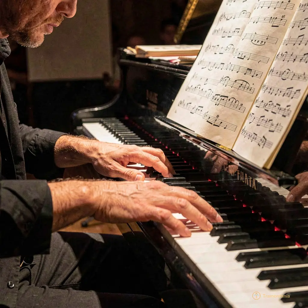 Close-up of hands playing piano keys with intense focus, dramatic side lighting highlighting the musician's profile and sheet music stand.