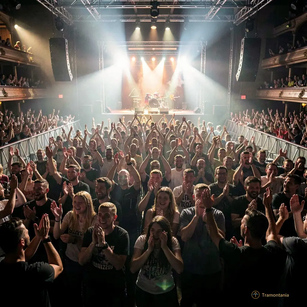 Wide shot of the audience clapping enthusiastically in a dimly lit concert hall, silhouettes against bright stage lights, atmosphere of joy and excitement.