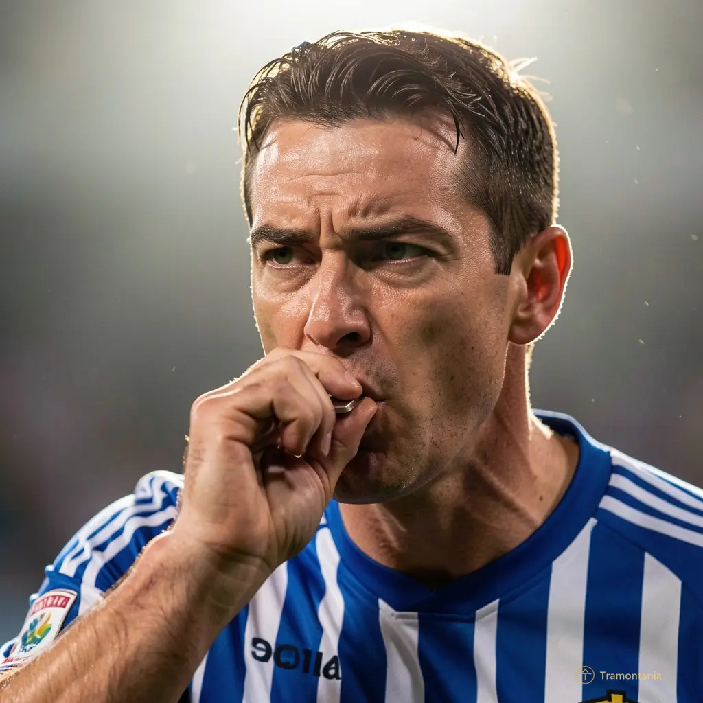 Close-up of a referee blowing the whistle with intense focus and dramatic backlighting