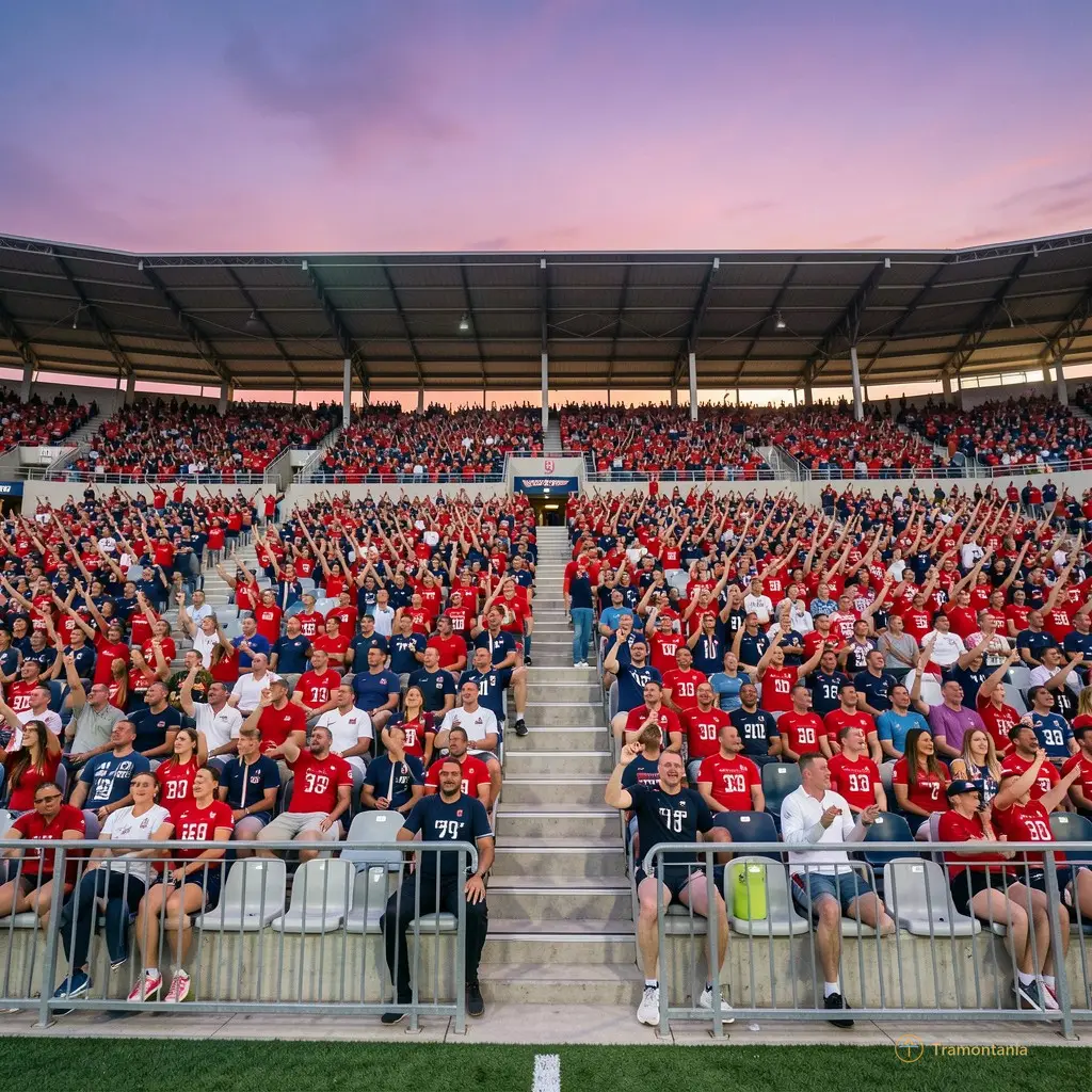 Wide shot of the stadium stands packed with enthusiastic fans wearing team colors against a twilight sky