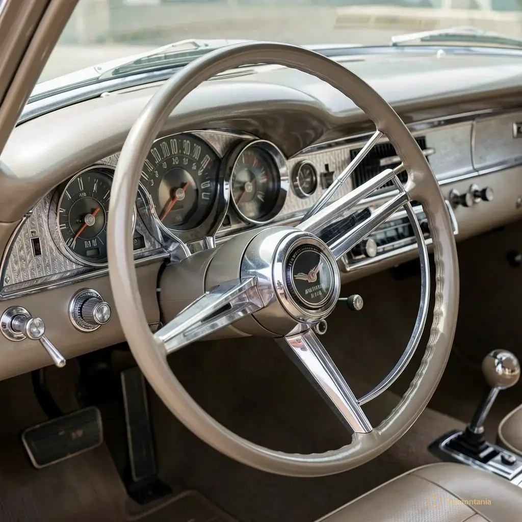 Close-up of the intricate dashboard and steering wheel of a classic car from the 1950s
