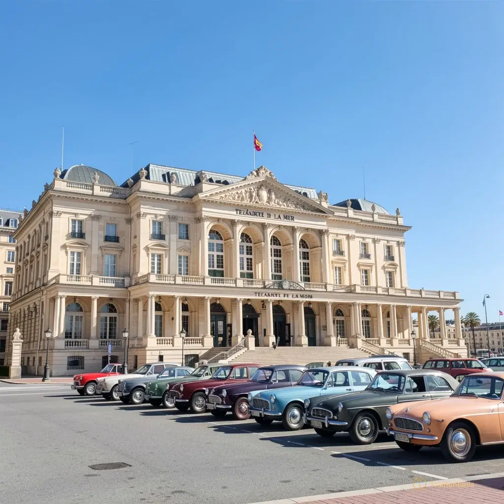 A wide shot of the Théâtre de la Mer with several classic cars lined up in front, under a clear blue sky