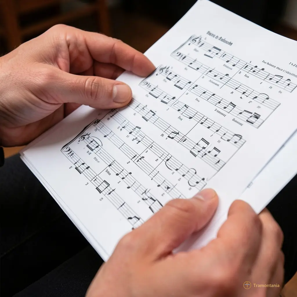 Close up of hands holding sheet music or resting naturally