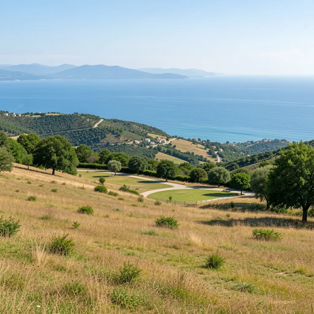Wide shot of Colline des Loisirs landscape with distant sea view