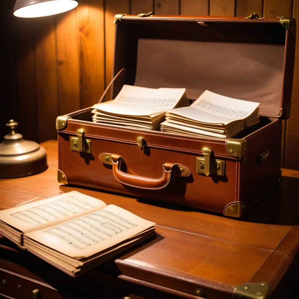 Close-up of a vintage leather suitcase with brass clasps, slightly open to reveal a stack of old sheet music and a pair of white gloves, resting on a wooden table with a soft, cinematic spotlight effect.
