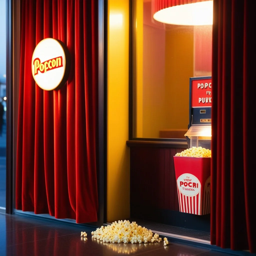 A cozy, dimly lit cinema lobby with red velvet curtains in the background, a vintage popcorn bucket in the foreground, and a subtle reflection of a 70s movie poster on a glass door, evoking a nostalgic and inviting atmosphere.