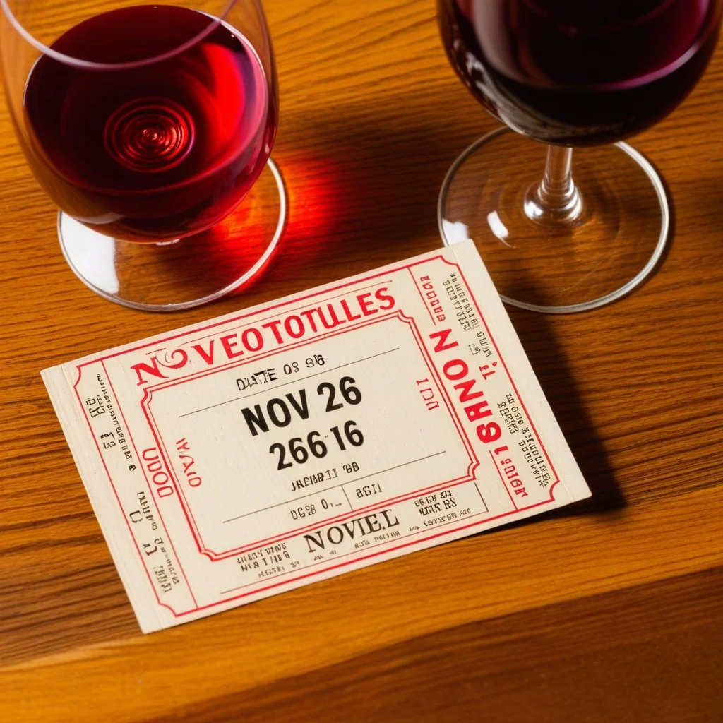 Close-up of a vintage movie ticket stub with the date 'Nov 26' and the text 'Canetoiles' stamped in red ink, resting on a wooden table next to a glass of red Roussillon wine, warm ambient lighting.