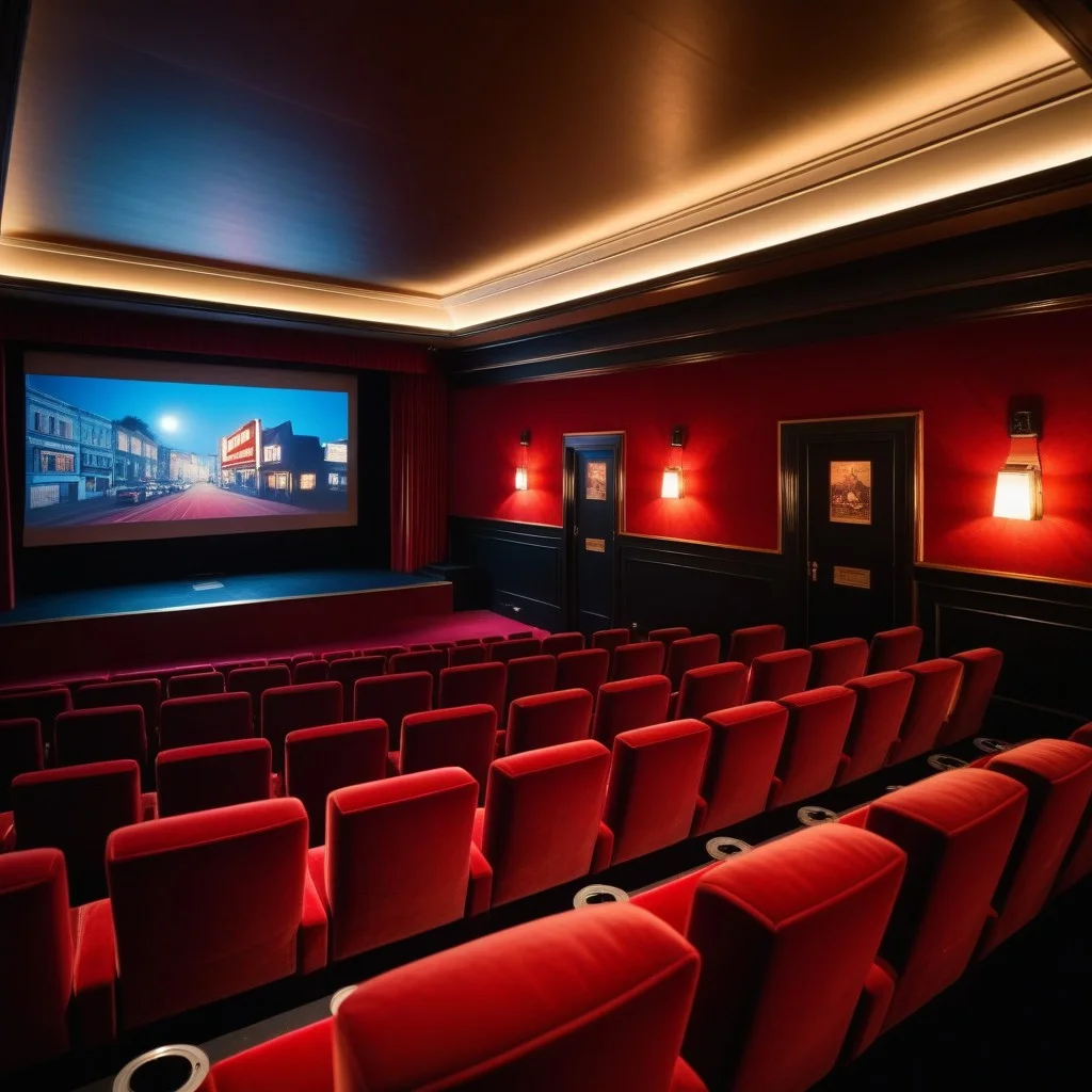 A cozy, dimly lit cinema interior with red velvet seats, a projector beam cutting through the dust, and a close-up of a vintage film reel, evoking the nostalgic atmosphere of a local cine-club.