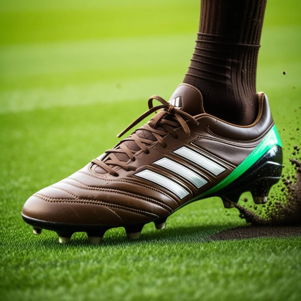 Close-up of muddy soccer boots kicking up turf, motion blur capturing the speed and intensity of the play, with vibrant green grass contrasting against the dark earth.