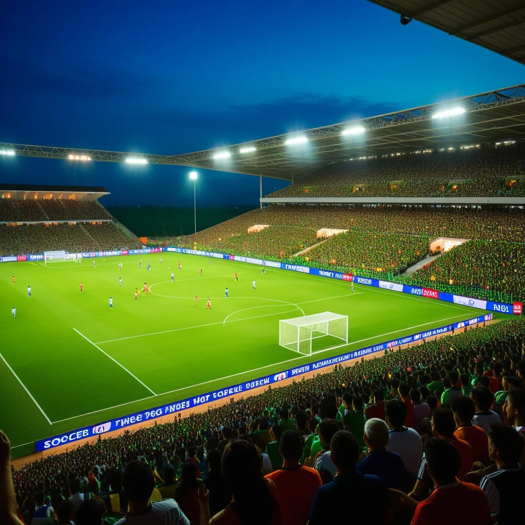 Wide shot of a packed soccer stadium at dusk, fans in the stands waving flags, bright lights illuminating the green pitch, capturing the collective energy and excitement of the crowd.