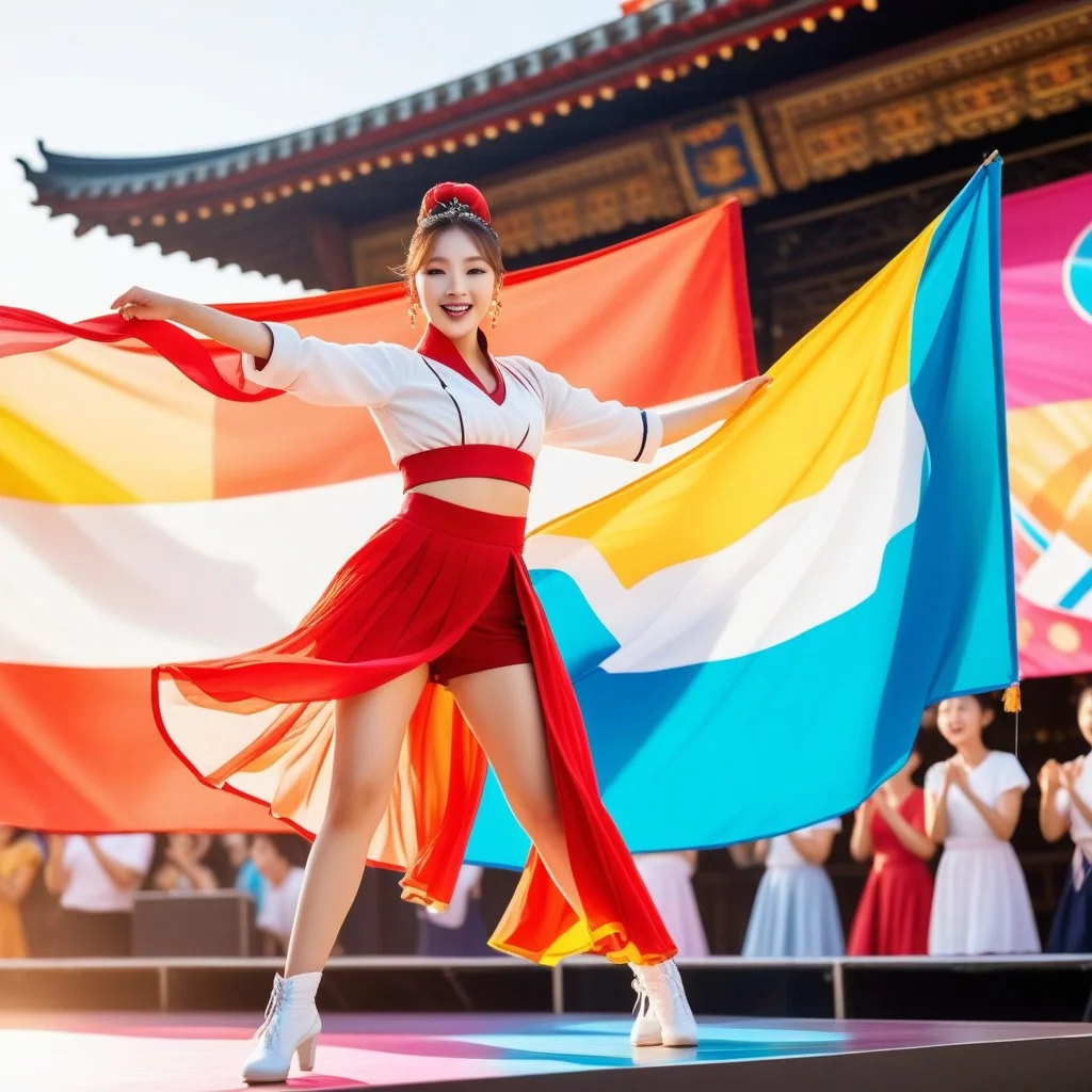 Dynamic mid-shot of a dancer in motion performing K-Pop choreography on an outdoor stage decorated with colorful banners; focus on the flowing fabric of traditional-inspired costume and energetic pose against a backdrop of cheering crowd silhouettes, bright summer lighting.