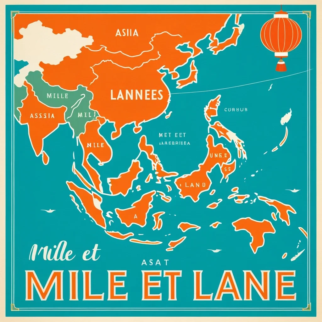 A retro-style poster illustration featuring a stylized map of Asia with lanterns floating over the Mediterranean coast; bold typography reading 'Mille et Une Lanternes', vibrant orange and teal color palette, textured paper effect.