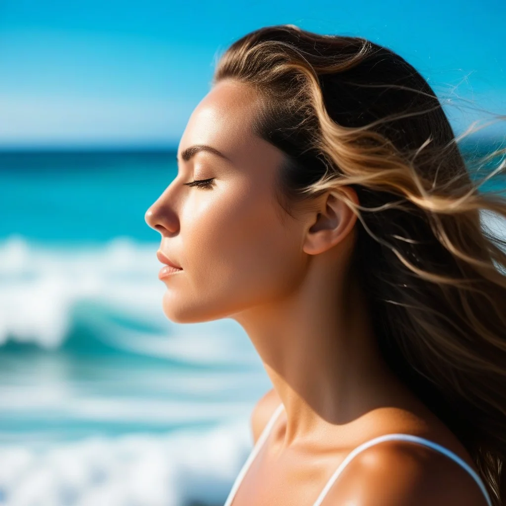 A close-up, high-contrast photo of a woman's profile focusing on her calm expression and deep breathing, with a blurred background of turquoise waves and white foam, emphasizing the mental focus of the practice.