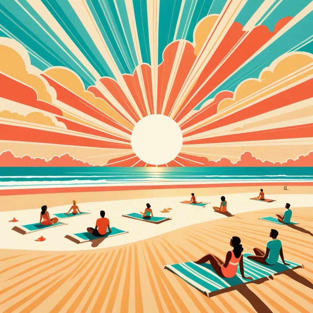 A vibrant, retro-style illustration of a beach scene with a sunburst pattern in the sky, depicting a small group of people stretching on the sand, using a palette of coral, teal, and sand beige.