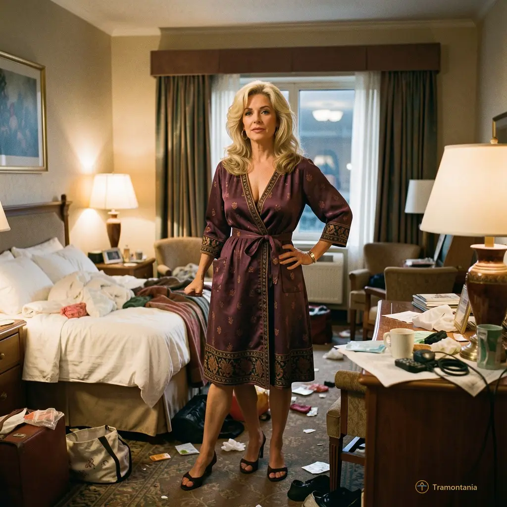 Cinematic still of Barbra Streisand in a chaotic hotel room scene from the 1972 film