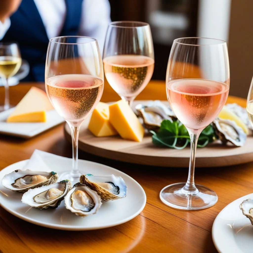 A medium shot of a wooden table set for a tasting event, featuring three different glasses of sparkling wine ranging from pale white to soft pink. Beside the glasses, there is a small, elegant plate of fresh oysters and a wedge of aged cheese. The lighting is warm and inviting, highlighting the condensation on the glasses and the freshness of the food.