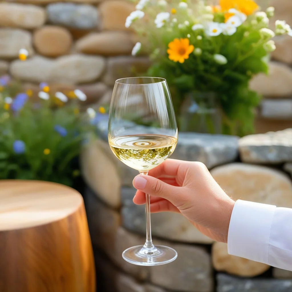 A detailed view of a hand gently holding a stem of a wine glass, with a soft focus on the swirling liquid inside. In the background, a hint of a rustic stone wall and a small bouquet of wildflowers adds a touch of local charm. The image conveys elegance, tactile sensation, and a relaxed, sophisticated atmosphere.