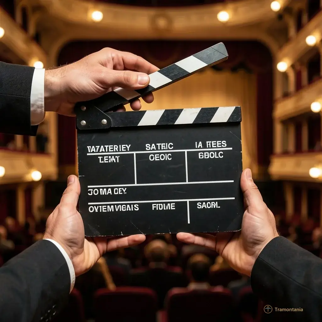 A close-up of a vintage film clapperboard held by an actor's hands in front of a blurred theater stage background