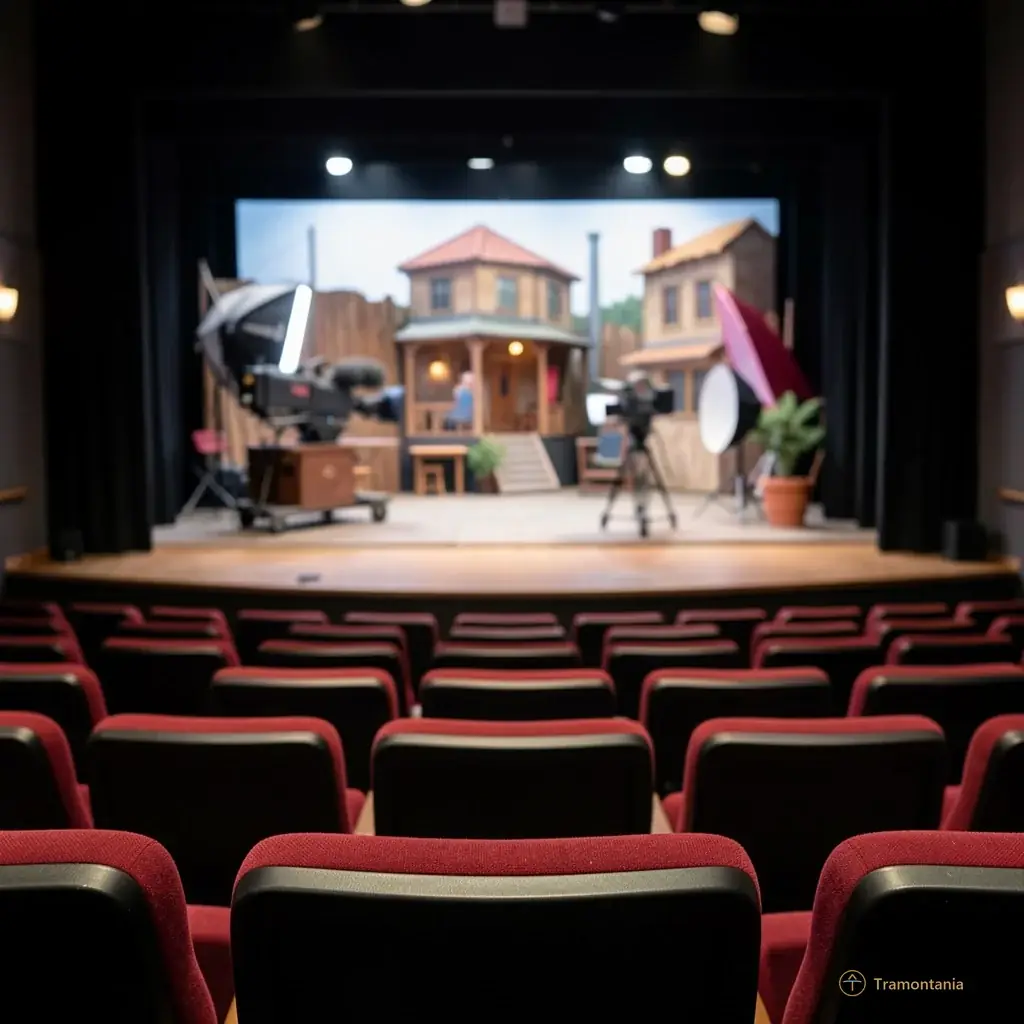 An empty theater seat in the foreground with a blurred view of the stage set resembling a film location