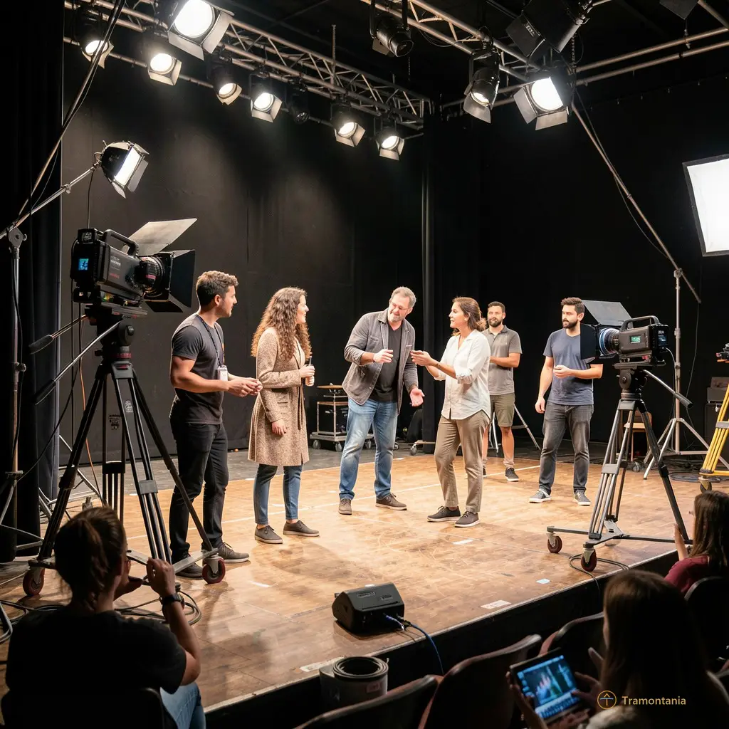 A candid shot of actors rehearsing on a stage with film equipment and lighting rigs