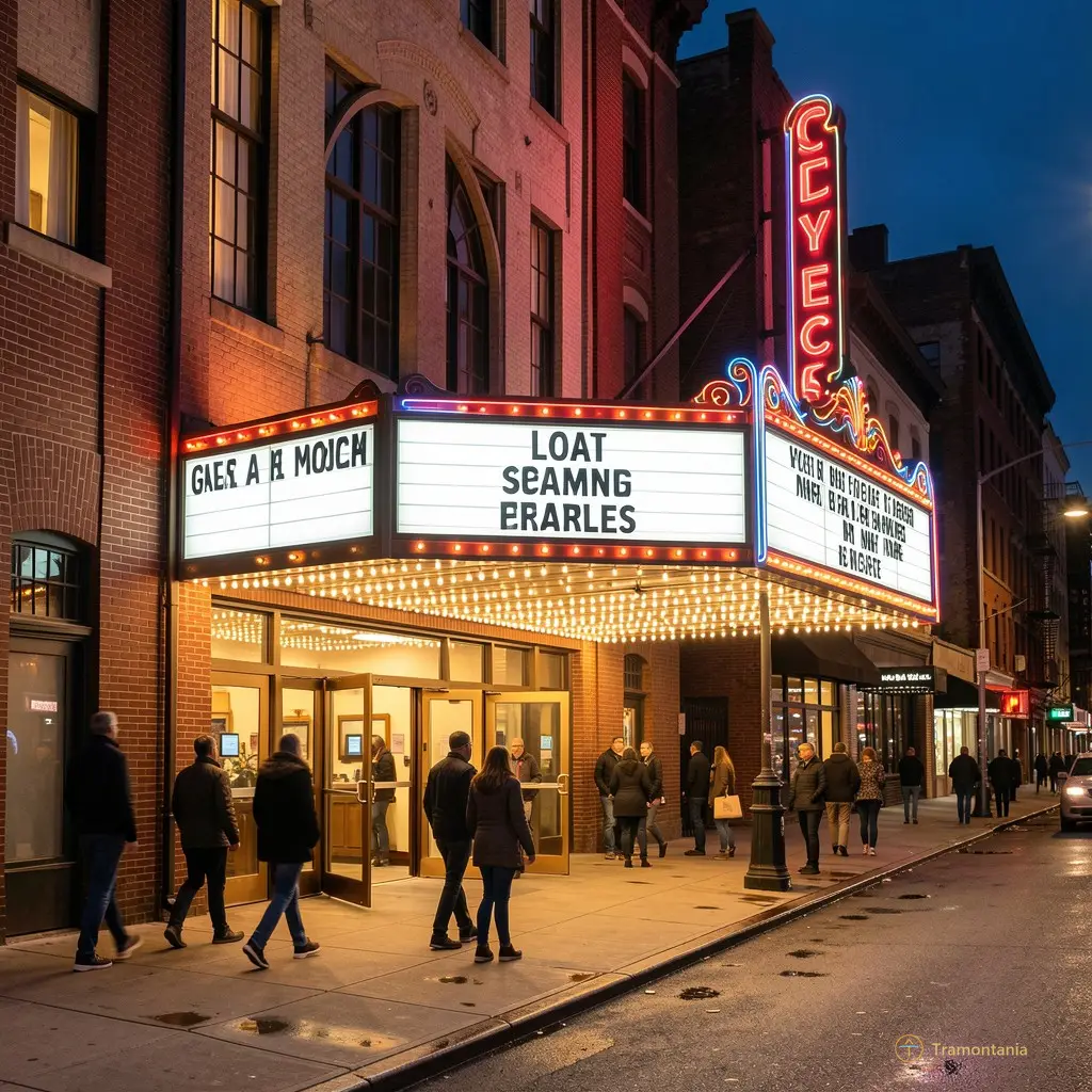 The exterior of the theater at night with warm lighting and people entering