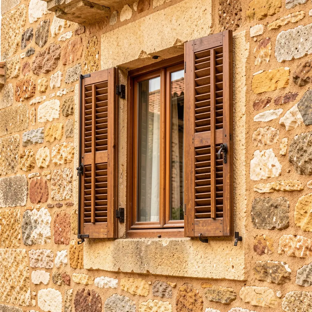 Close-up detail of traditional Catalan window shutters and stone textures in Canet-en-Roussillon