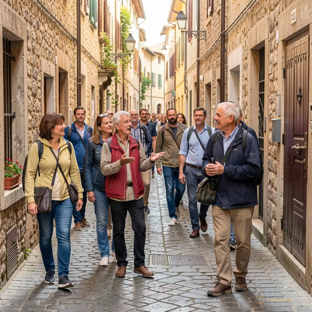 Group of tourists walking along a narrow cobblestone street guided by a local speaker