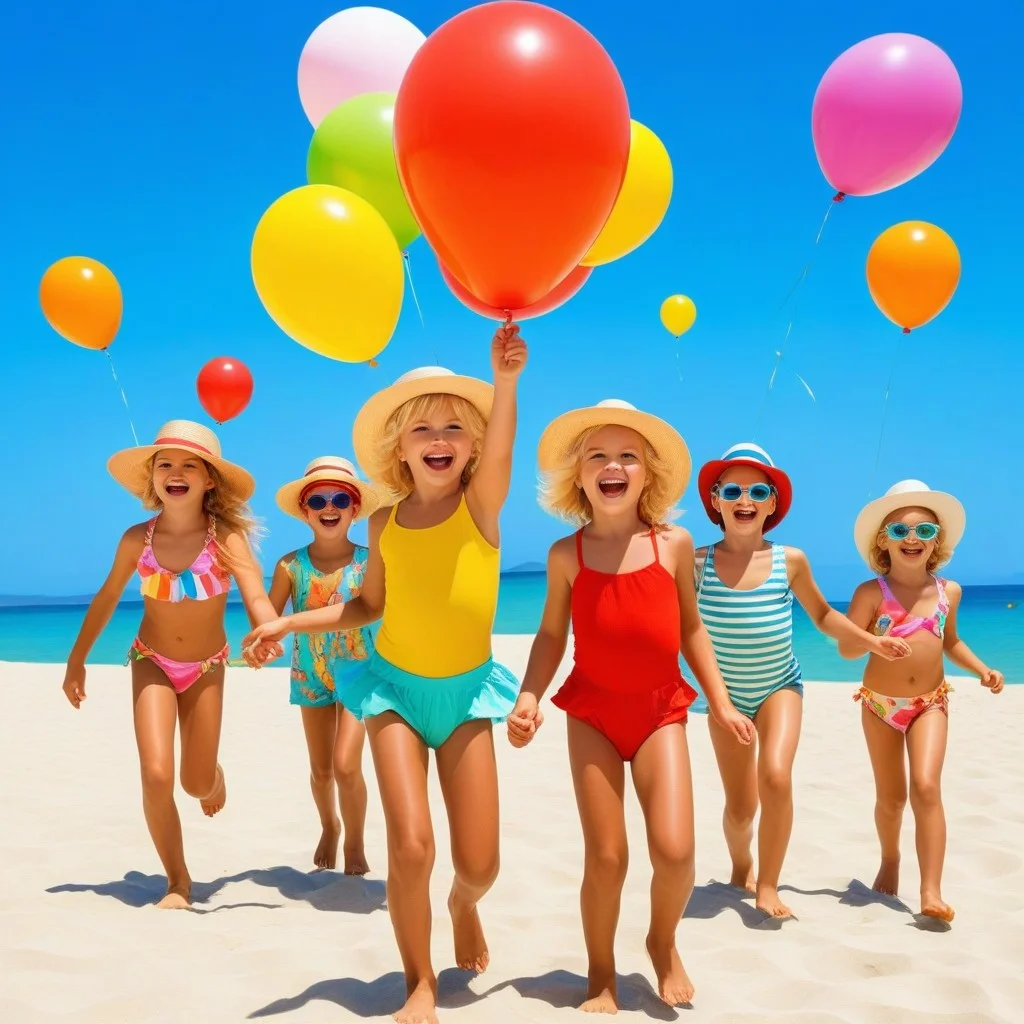 Collage drôle et coloré, style pop-art. Au centre, un groupe d'enfants riant et jouant à la plage, avec des ballons multicolores. Autour, des photos découpées de la jetée, de la mer, et de détails de la revue Dream Girls (un chapeau de scène, une perruque blonde). Le tout est assemblé avec des punaises colorées et des flèches dessinées à la main, créant une impression de chaos joyeux et d'énergie débordante.