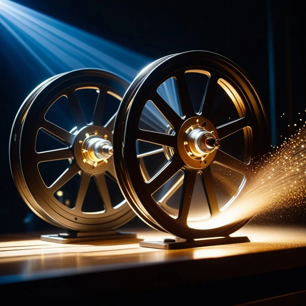 Close-up of a pair of vintage film reels spinning slowly in a dark room, catching the light of a projector beam, with dust motes dancing in the air like tiny stars.