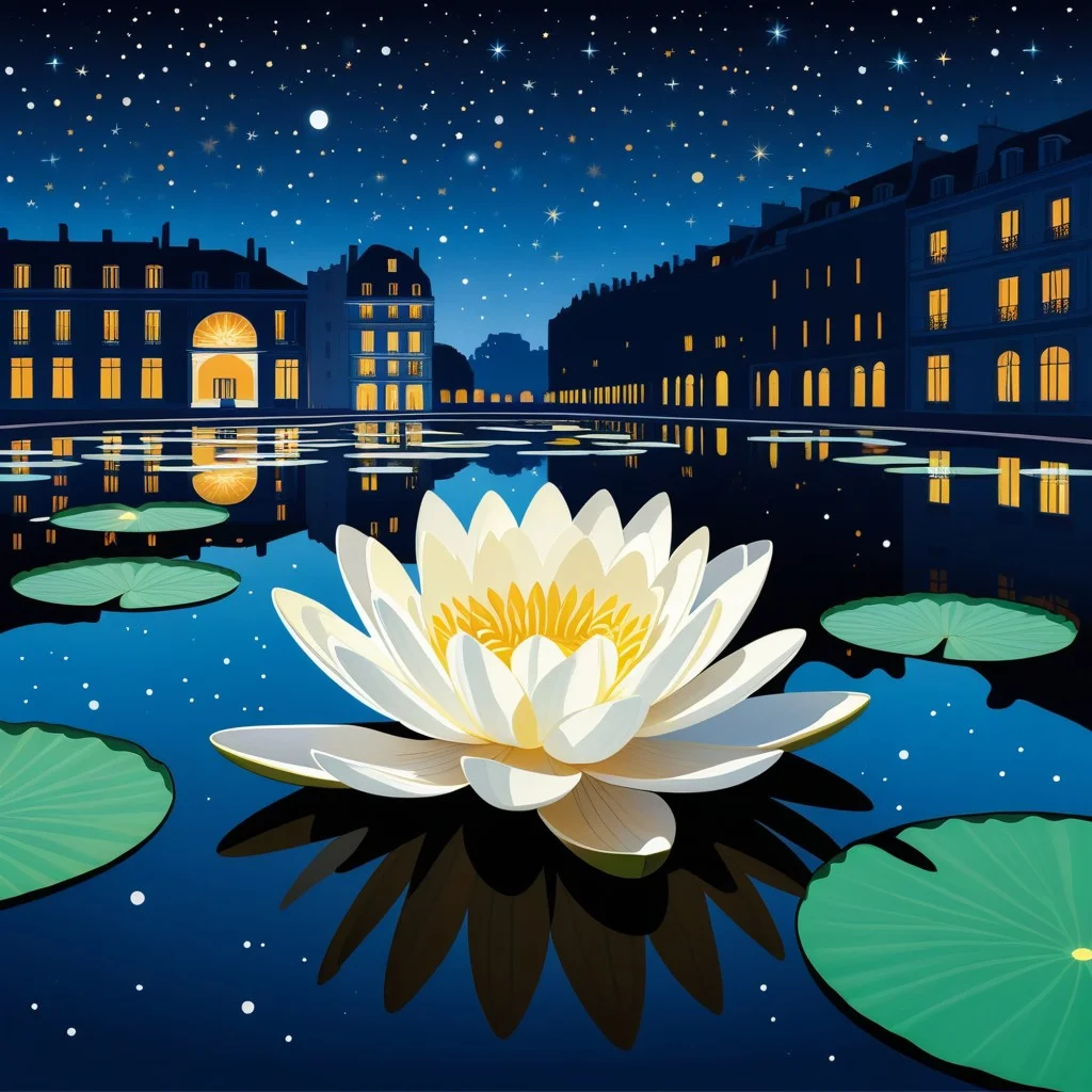 A stylized illustration of a water lily floating in a dark, starry pool, with its petals glowing softly, surrounded by the silhouettes of 1960s Parisian architecture in the background.