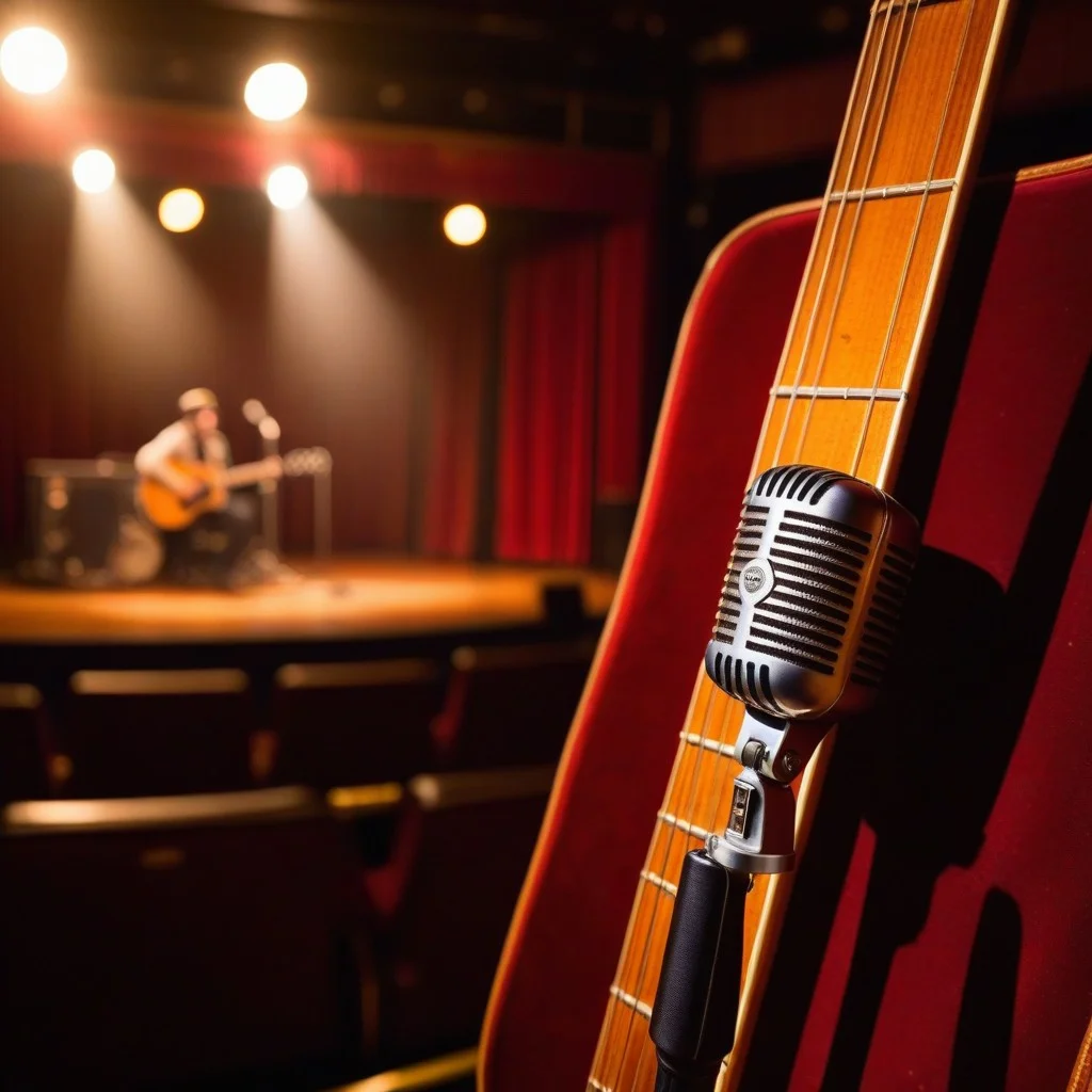 Close-up of a worn leather guitar strap and a vintage microphone stand, with a blurred background of a cozy audience in a dimly lit theater, capturing the intimate atmosphere of a live music performance.