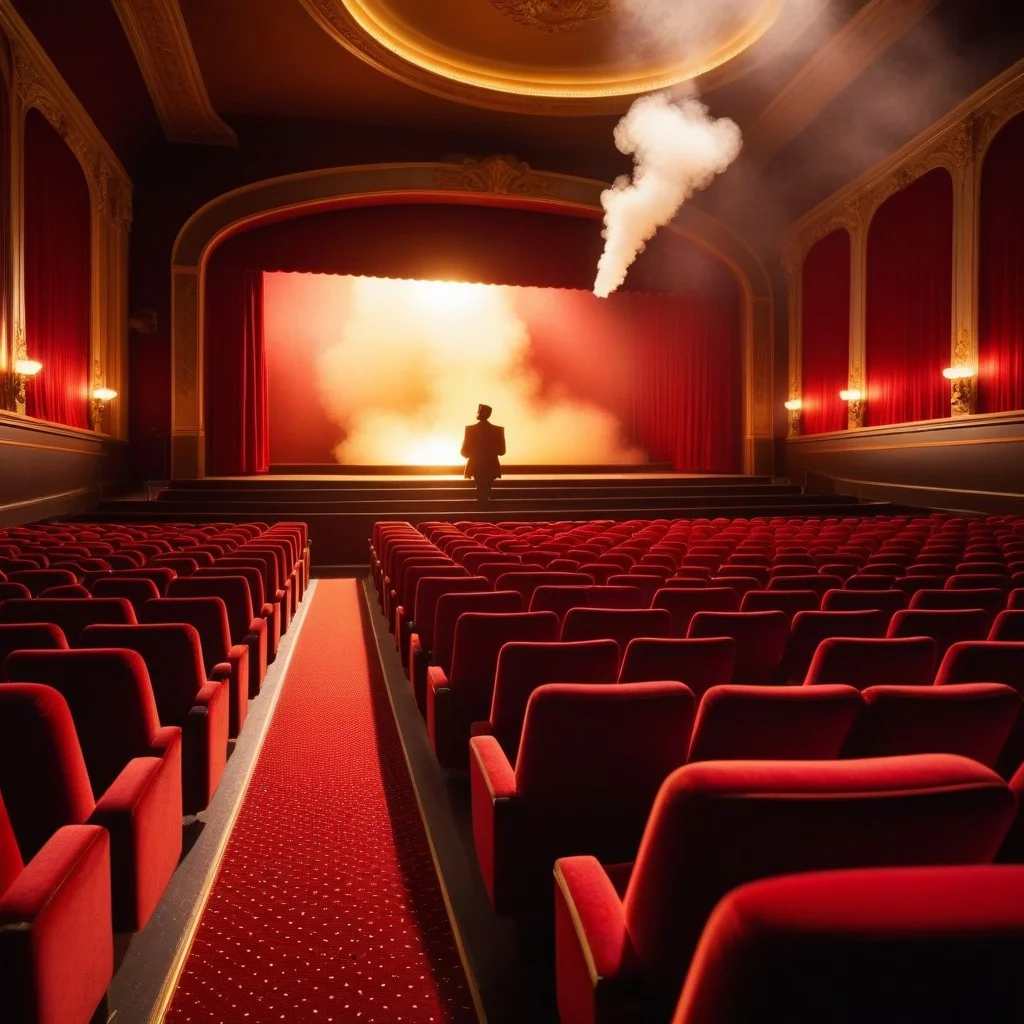 A wide shot of a vintage cinema aisle, with empty red velvet seats leading towards a brightly lit stage where a singer is silhouetted against a backdrop of swirling smoke and warm golden light, evoking a sense of anticipation and cinematic drama.