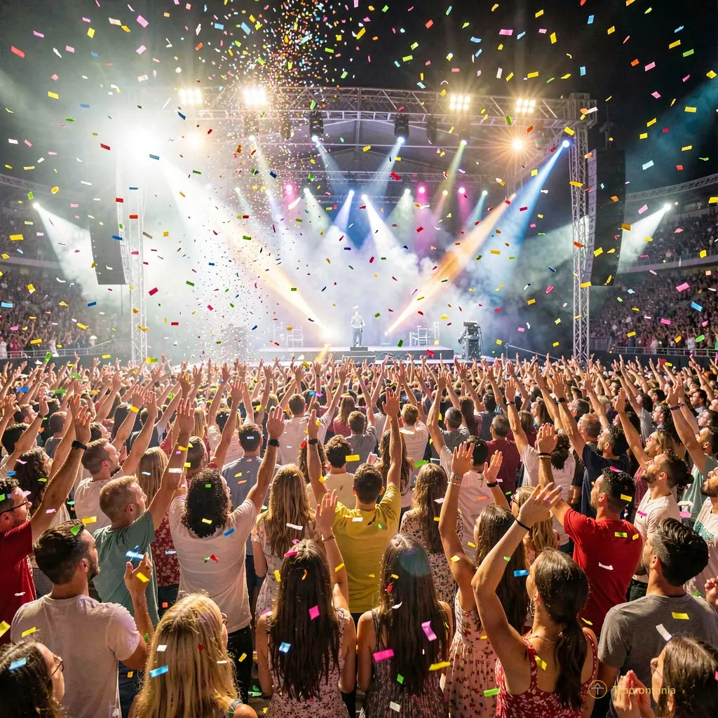 Dynamic crowd scene with confetti falling and bright stage lighting creating a festive atmosphere