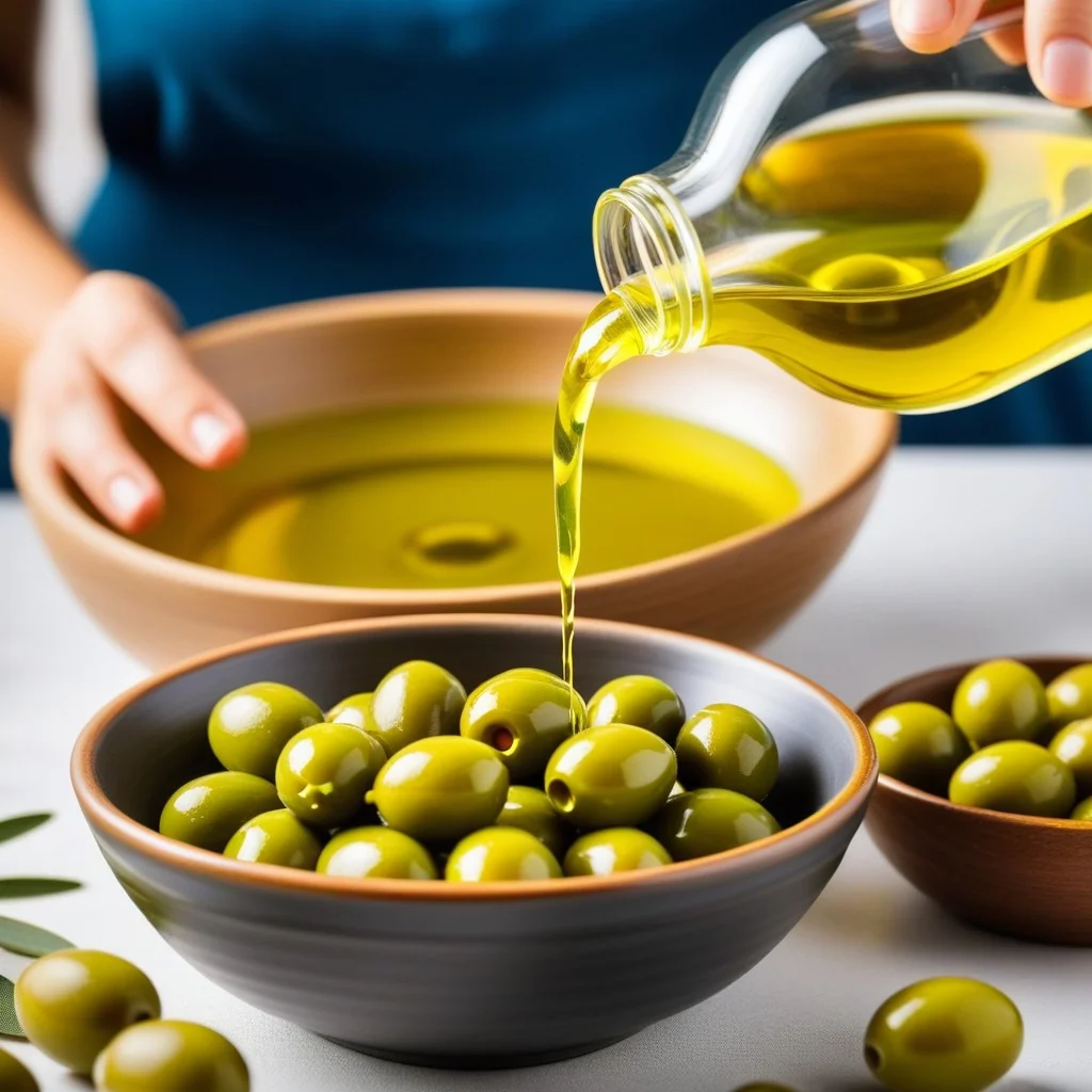 A close-up shot of hands gently pouring golden olive oil from a small glass bottle into a bowl of fresh, green olives. The focus is on the liquid's texture and the vibrant color of the fruit, symbolizing the artisanal quality and the theme of the 'olive round table' discussion.