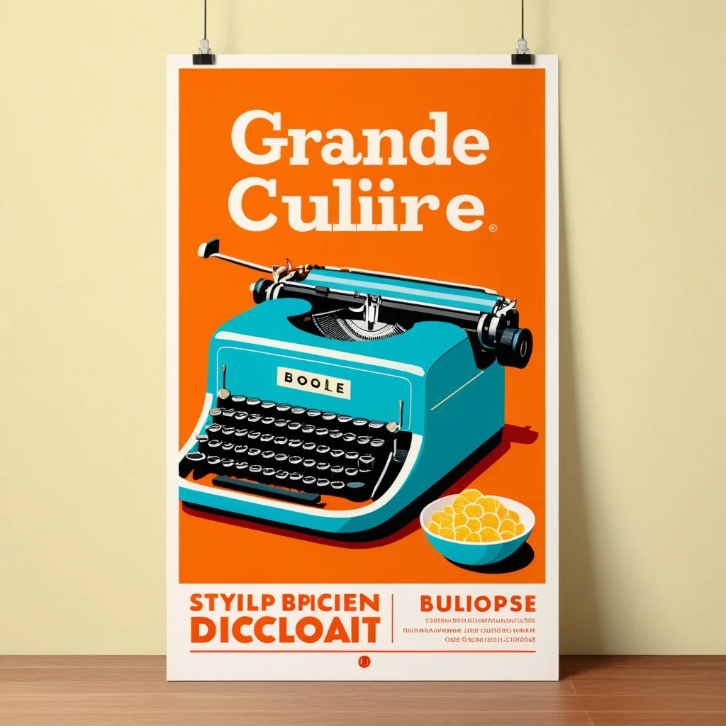 A vibrant, retro-style poster illustration featuring a stylized typewriter and a bowl of 'boles de picolat', with bold typography announcing a 'Grande Dictée Culinaire' in warm Mediterranean tones.