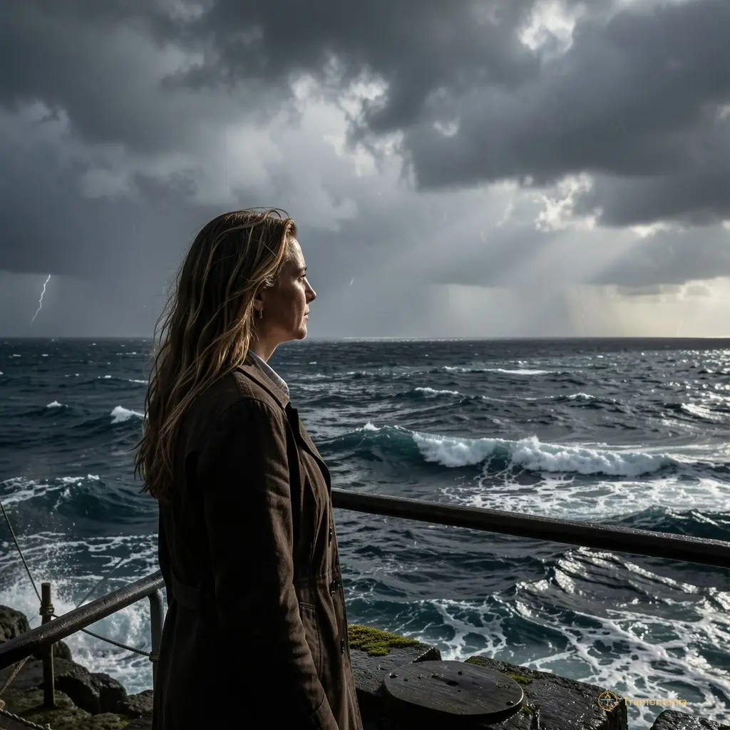 Cinematic still from 'Maja' showing the protagonist looking out at a stormy sea with dramatic shadows