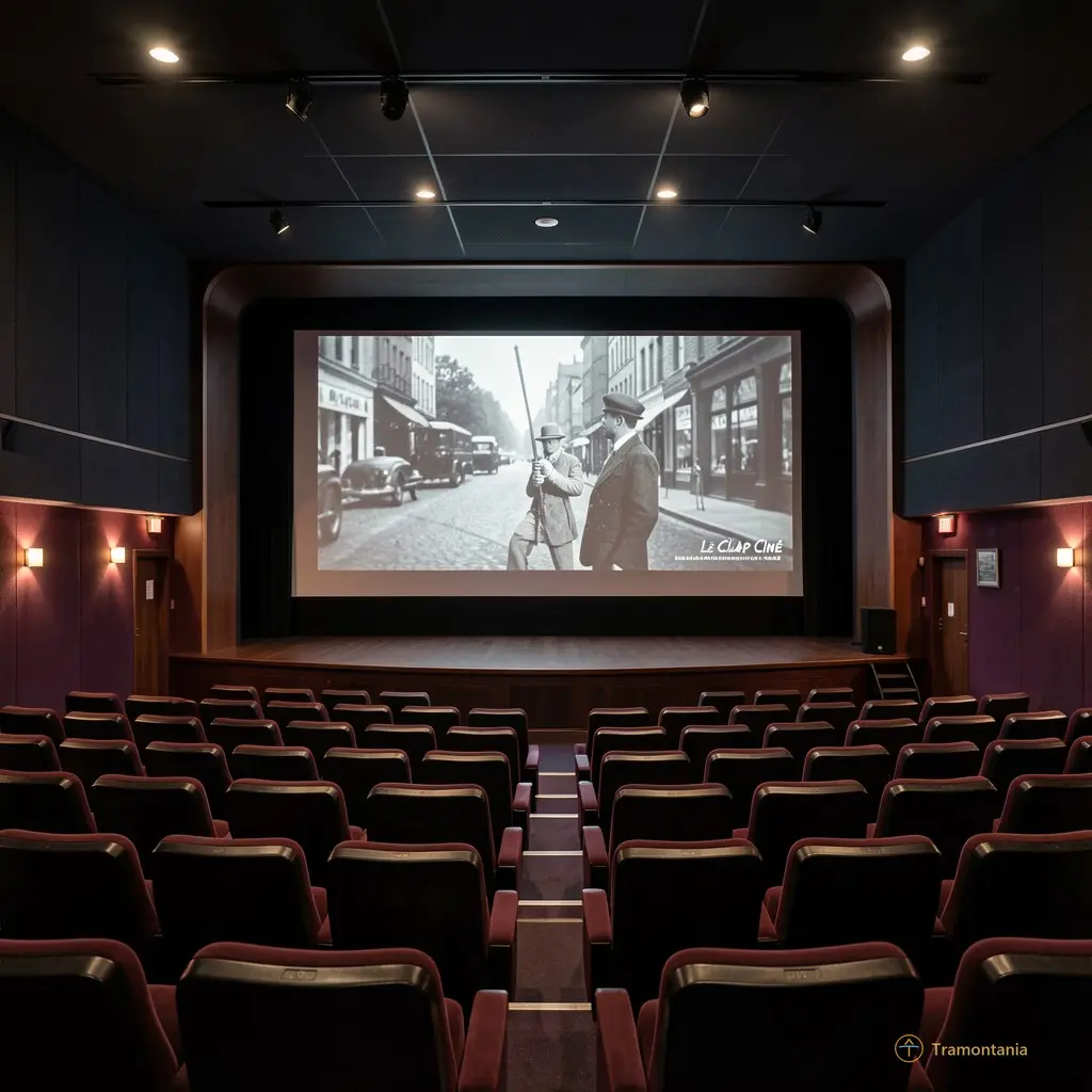 Interior of Le Clap Ciné theater with dimmed lights and a large screen showing film footage
