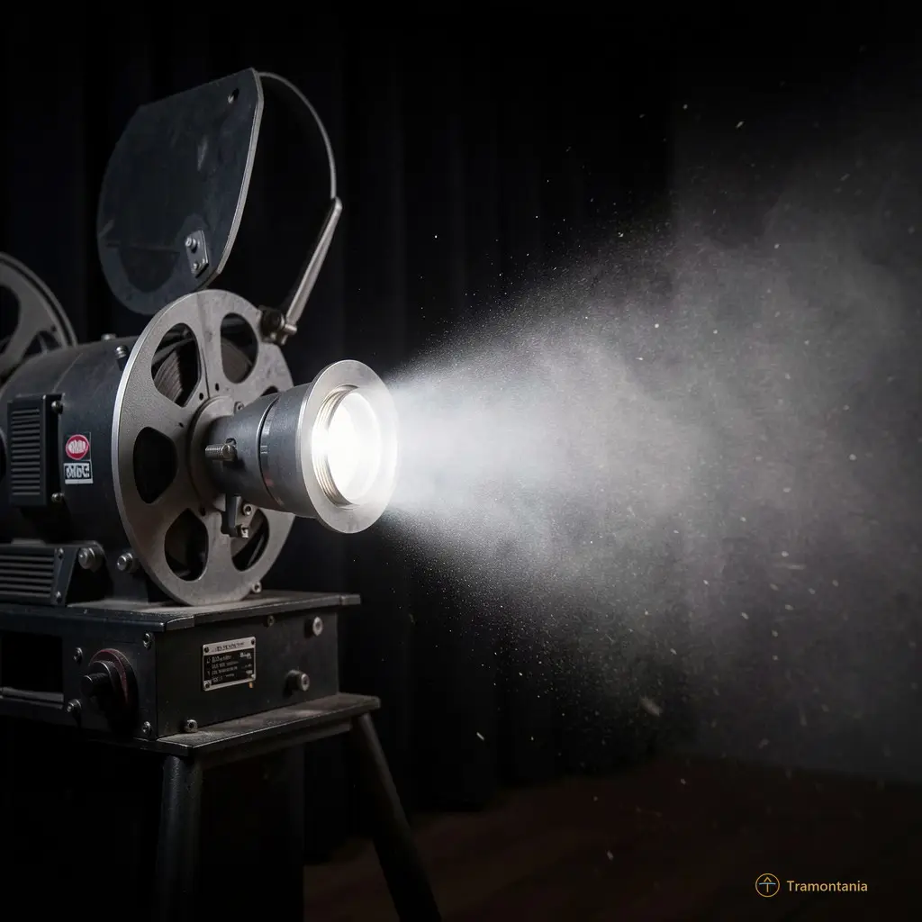 Close-up of a cinema projector beam cutting through dust in a dark room
