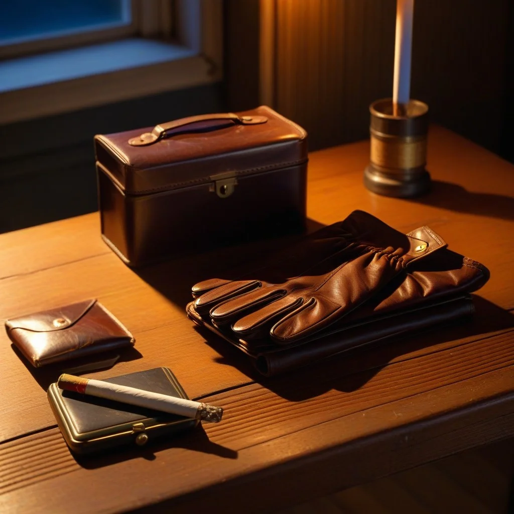 Close-up of a pair of worn, leather work gloves resting on a wooden table next to a vintage cigarette case, illuminated by a single, warm spotlight in a dimly lit room, evoking the atmosphere of a 1950s French thriller.
