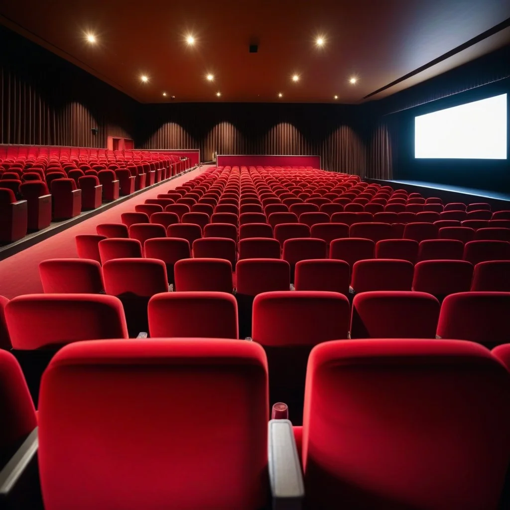 A wide shot of an empty cinema hall with red velvet seats, the screen glowing with a soft, warm light, and a single row of popcorn buckets on the floor, creating a sense of anticipation and cozy nostalgia.