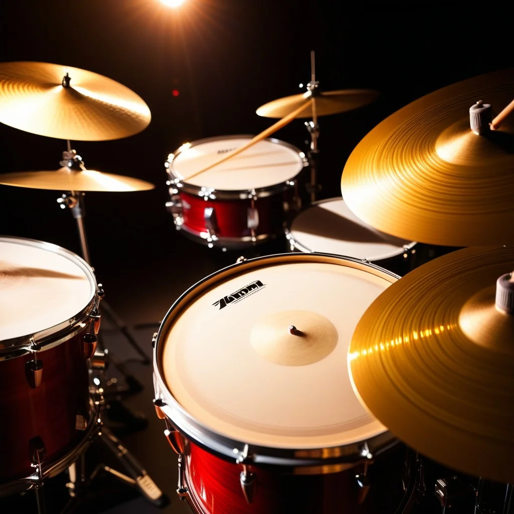 Close-up of a drum kit with sticks mid-air, dynamic motion blur, warm stage lighting reflecting off the cymbals, intense and rhythmic feel, no faces visible.